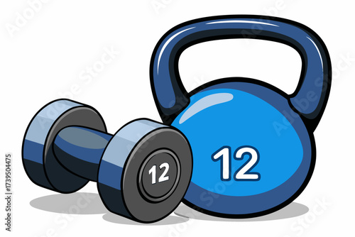 Isolated heavy black metal dumbbell weights and tape measure on white background for fitness and strength training