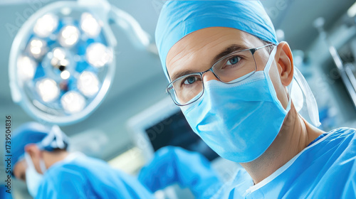 male surgeon performing operation in modern operating room with surgical team and medical equipment