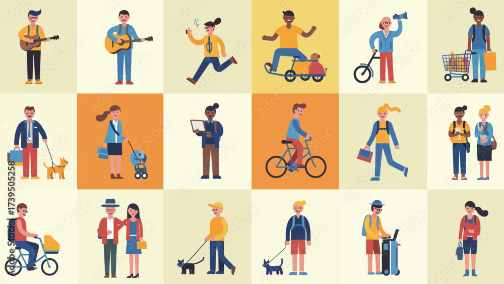 Fototapeta premium A Lively Mosaic Of Daily Life: Diverse People In Flat Vector Illustration