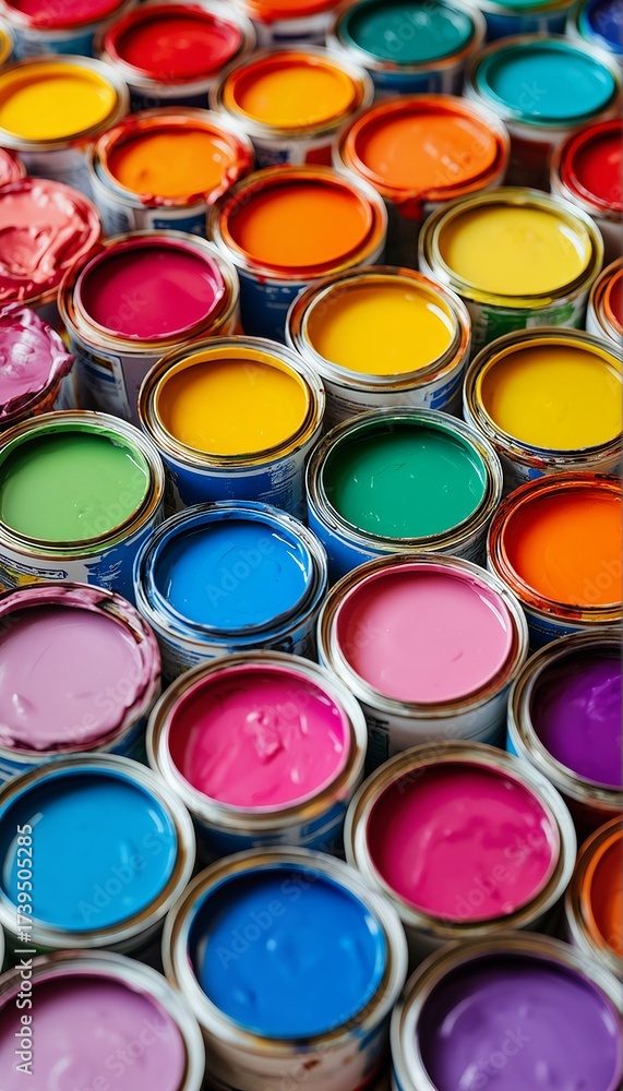 Fototapeta premium a vibrant and colorful overhead view of numerous small paint cans filled with various shades of paint.