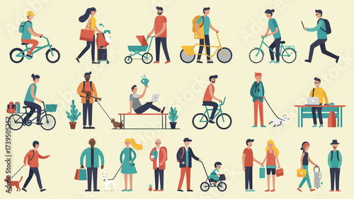 Diverse People Enjoying Urban Lifestyle: Flat Design Characters
