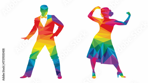 Vibrant rainbow dancers ready to party, dynamic polygonal style brings energy to your designs, perfect for events, celebrations, and modern artistic projects