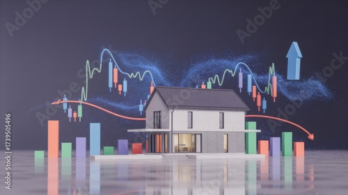 Modern house with rising graph elements and colorful bars.