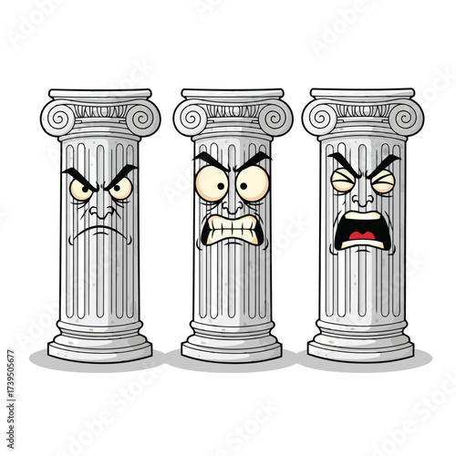 Three ancient greek ionic columns with angry faces isolated on white background