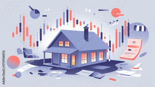 Illustration of a house surrounded by finance-related graphics.