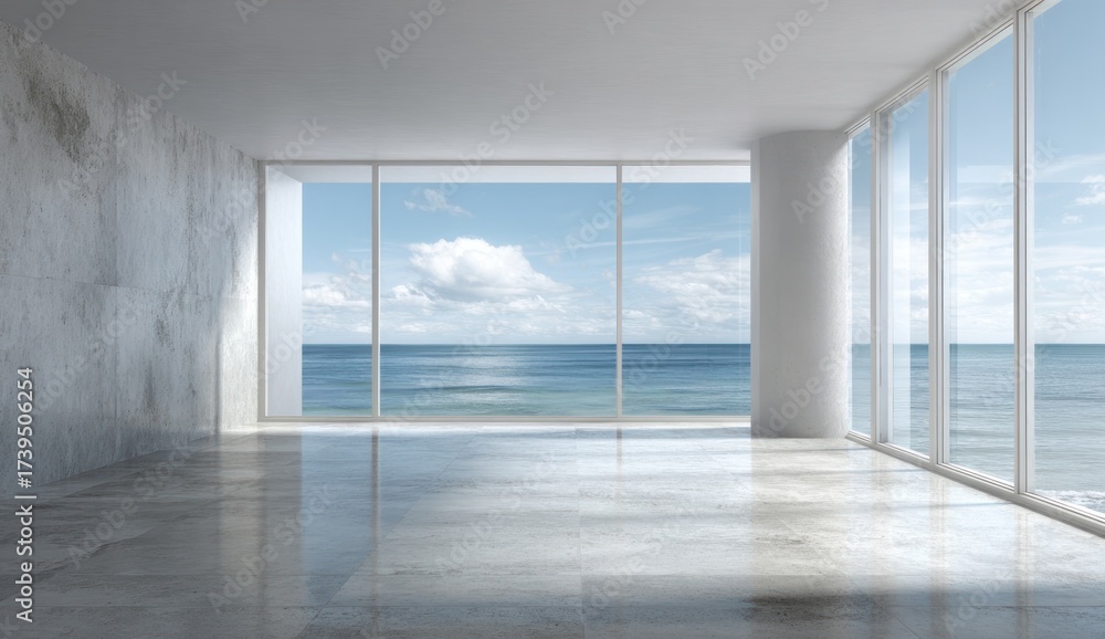 Obraz premium Empty modern room with ocean view through large windows, concrete wall and pillar