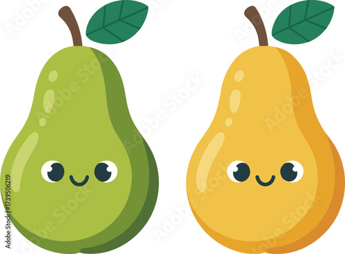 Cute Cartoon Pears Fruit Bundle Design with Happy Faces and Green Leaves