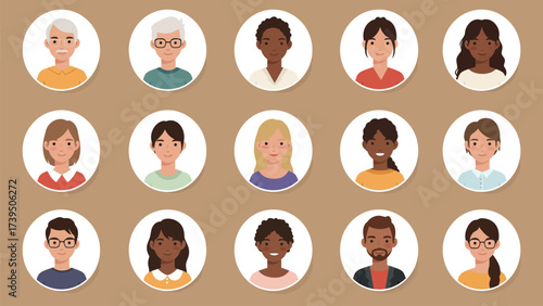 Diverse Group Of Cartoon Avatars In Circular Frames On A Neutral Background