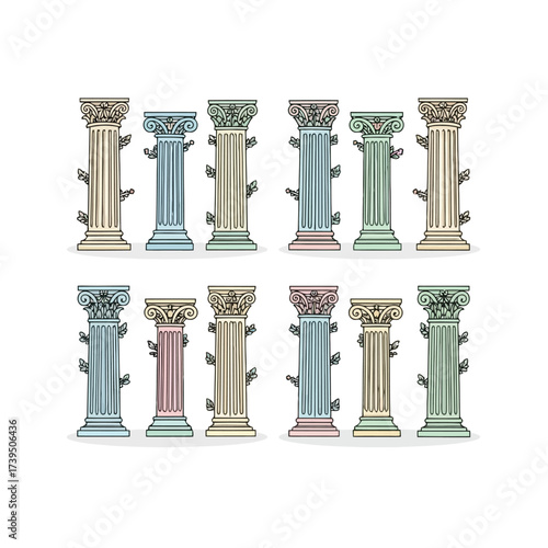 Collection of classical columns in various colors isolated on white background