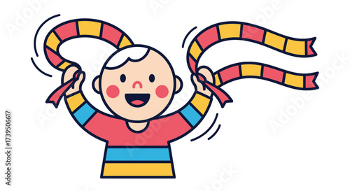 Joyful cartoon boy playfully waving a colorful ribbon, illustration of childhood exuberance