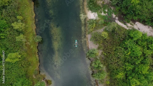 Aerial perspective of a canoe floating in the river	