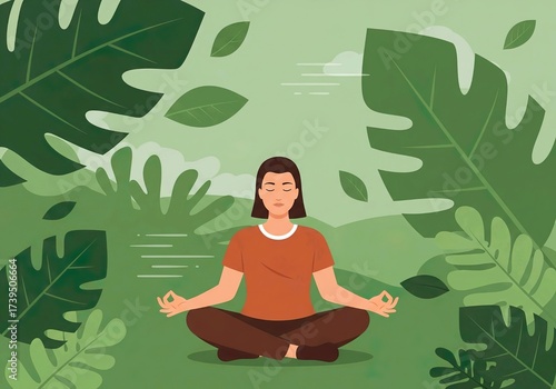 Woman Meditating in Lotus Position Outdoors Surrounded by Green Tropical Leaves and Nature Background