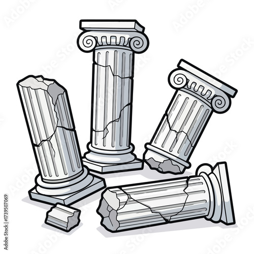 Crumbling ancient greek columns scattered, isolated on white background