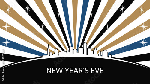 New year's eve cityscape with radiating stripes and stars in black gold blue and white colors
