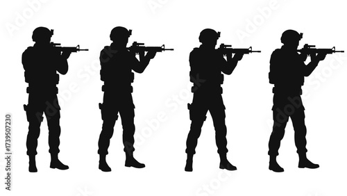 Tactical Soldiers Silhouettes with Assault Rifles on White Background