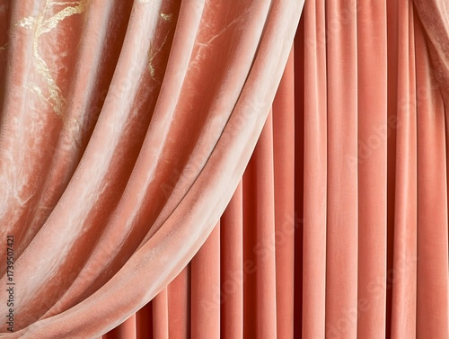 Elegant coral velvet curtain background with golden abstract pattern and soft flowing fabric.