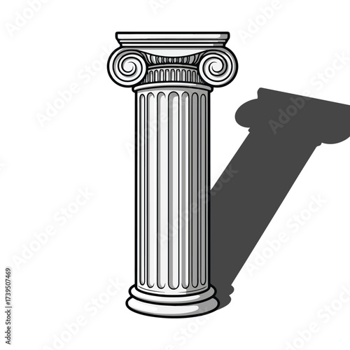 Single ionic column casting a long shadow isolated on white