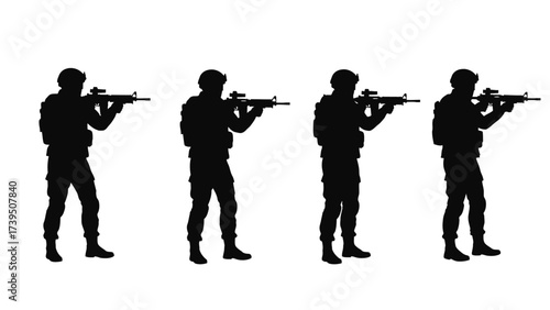 Silhouettes of Armed Soldiers in Tactical Gear Aiming Rifles, Military Team Standing in Formation, Combat Ready Special Forces