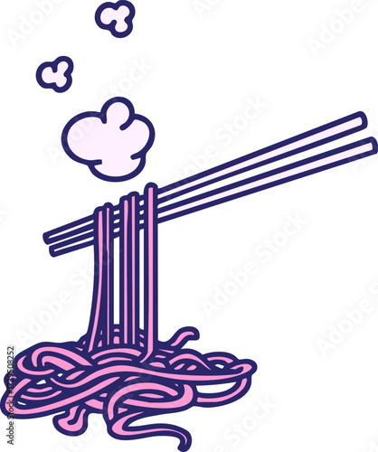 japanese chopsticks lifting hot noodles in bright neon color