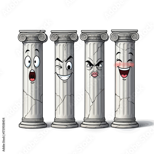 Four cartoon greek columns with different faces isolated on white background