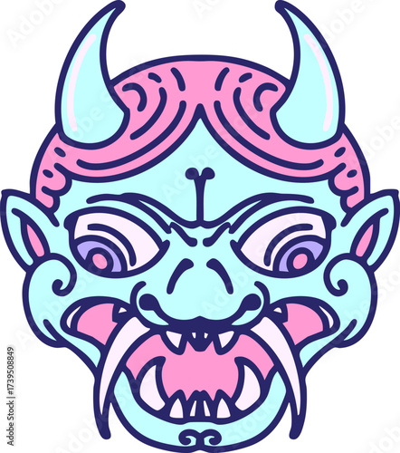 japanese kabuki theatre oni mask in bright neon color