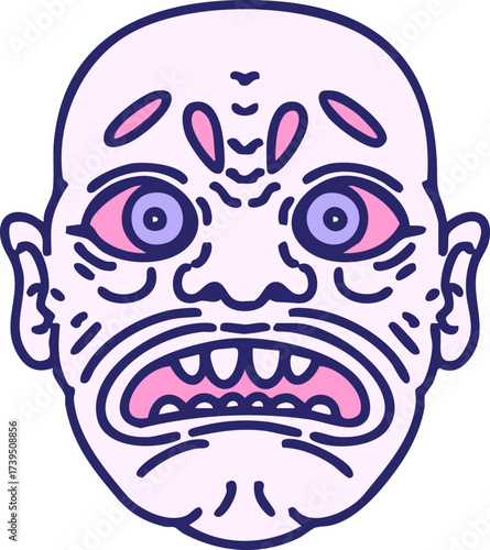 traditional folklore japanese character mask in bright neon color