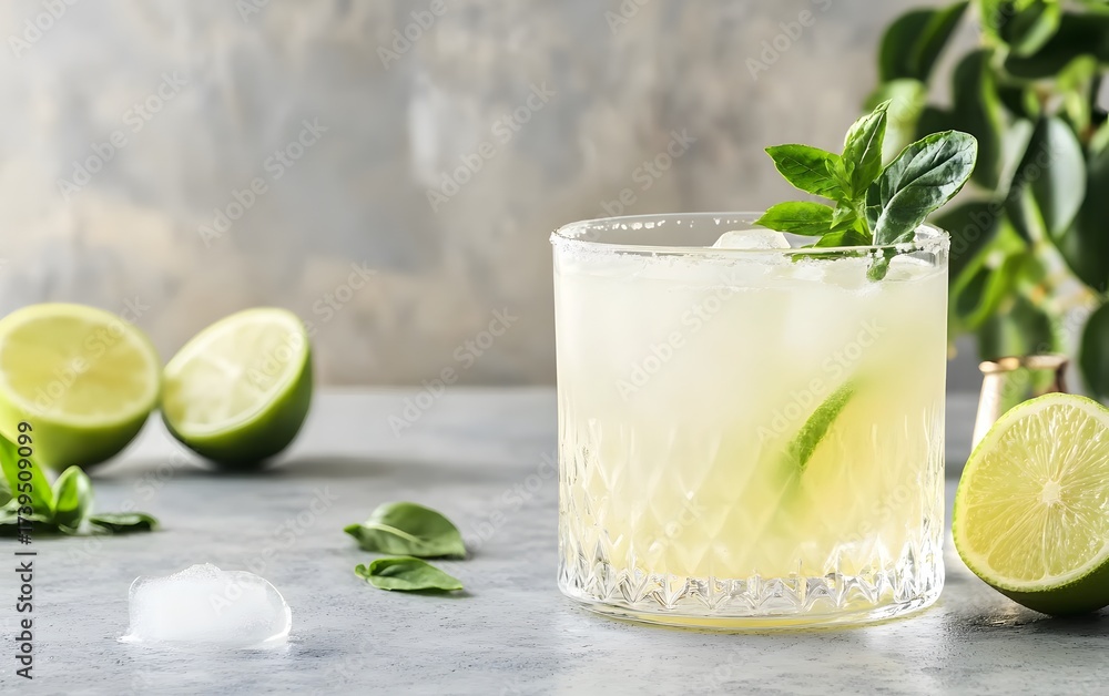Fototapeta premium Refreshing Lime Basil Cocktail in Glass with Ice