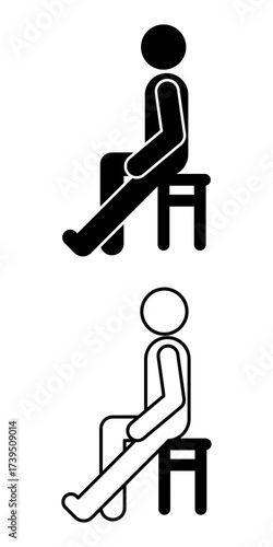 Black and white pictogram of a person on a chair starting a one-leg stretch. Shown in solid and line art. Ideal for fitness, posture correction, workplace health, and physical therapy.