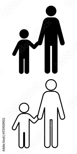 Parent and child holding hands pictogram, front view, 6-head proportion. Black and white icons in line and solid styles. Perfect for family, parenting, education, childcare, and signage. 親子のアイコン素材です。