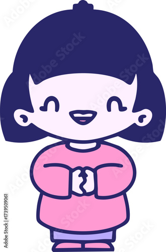 happy japanese woman laughing out loud in bright neon color