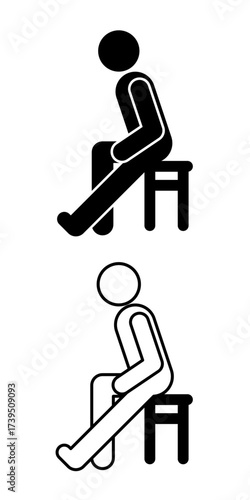 Black and white pictogram of a person sitting and performing a one-leg stretch, available in line art and solid styles. Ideal for exercise, posture training, and workplace wellness.