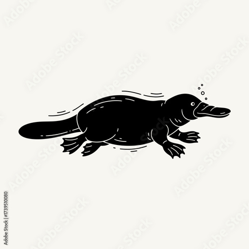 Platypus Silhouette in Water: A sleek, black platypus elegantly swims through water. This captivating artwork is a testament to the unique and enigmatic nature of this animal.