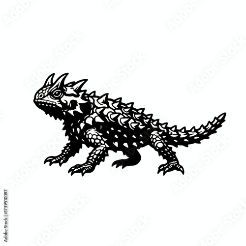 Thorny Devil Detailed Illustration: A striking illustration captures the intricate detail of a thorny devil lizard, showcasing its unique spiky appearance in a bold black and white design.