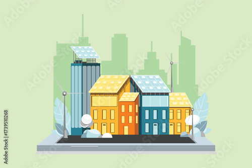 Sustainable City Buildings with Solar Panels in Modern Urban Environment