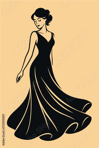 Elegant girl illustration in long flowing dress, vector art