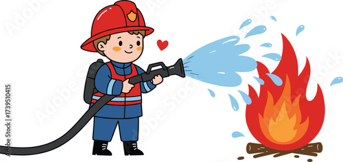 Cartoon firefighter spraying water hose on burning fire, brave emergency rescue illustration, red helmet, blue uniform, compassion heart, safety hero, firefighting concept vector art