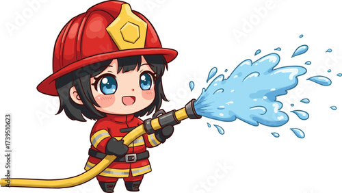 Chibi firefighter cartoon character, cute fireman illustration, red helmet uniform, holding water hose spraying, adorable emergency hero, children safety mascot, firefighting rescue concept art