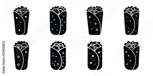 burrito minimal flat icon set vector icon set illustration black and white