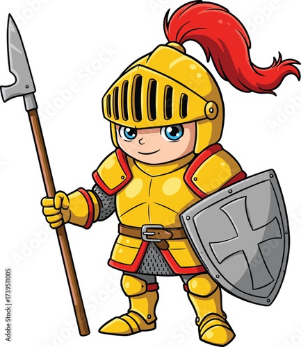 Cartoon knight in yellow armor with red plume, holding shield and pole weapon, cheerful medieval warrior illustration, fantasy character design, colorful heroic artwork