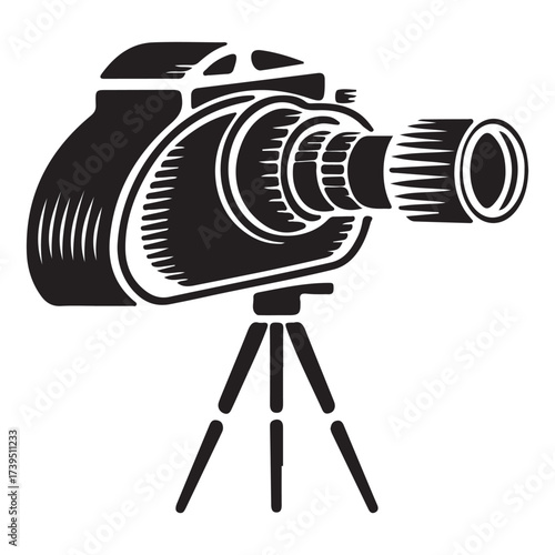 Professional camera on tripod silhouette vector illustration for photography, videography and media production design