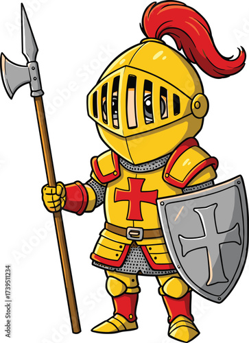 Cartoon medieval knight in yellow armor with red plume, holding spear and shield, fantasy warrior illustration, historical character design, colorful heroic artwork, vector