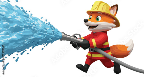 Anthropomorphic fox firefighter character, cartoon animal in fire safety uniform, holding water hose spraying water, emergency rescue illustration, children education mascot,