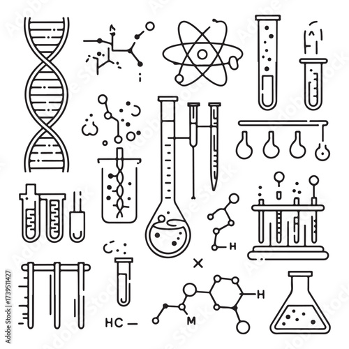 DNA and laboratory tools vector illustration for science, chemistry and biotechnology research design