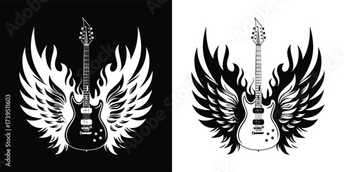 Fiery winged electric guitar in black and white, symbolizing rock and roll music and rebellion, presented as a graphic illustration with contrasting backgrounds