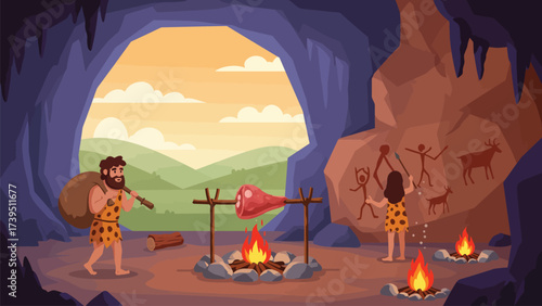 Prehistoric Cave Life: Early Humans Roasting Meat and Creating Cave Paintings