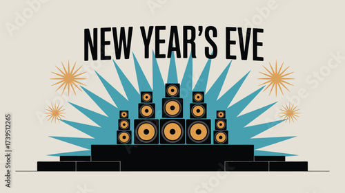 New year's eve graphic with speakers, rays, and starbursts for a festive celebration design