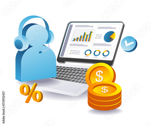 Customer service support with business graphic screen symbolizing data and digital solutions