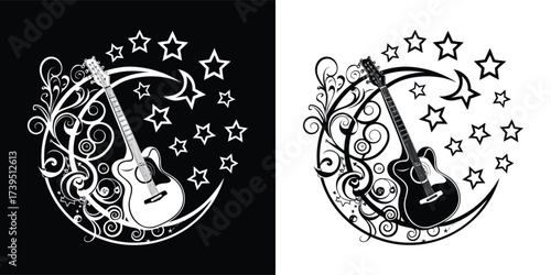 Stylized acoustic guitar positioned against a crescent moon and scattered stars, presented in both black and white variations