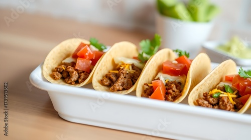 Mini tacos filled with beef, cheese, and salsa on a tray