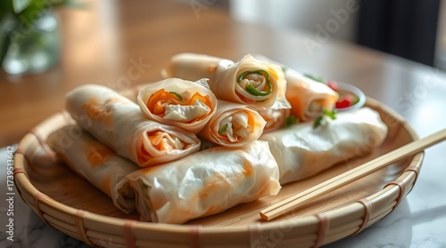 Spring rolls with dipping sauce served on a bamboo plate